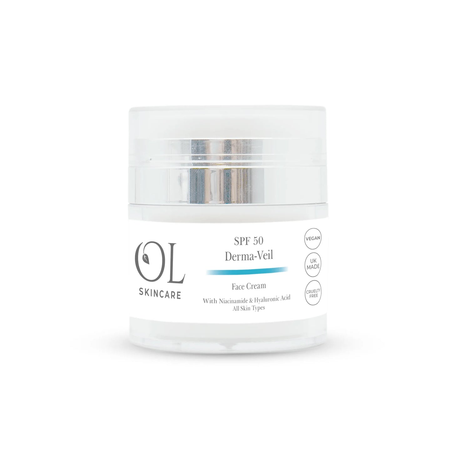 OL Skincare SPF 50 Derma-Veil Face Cream in a clear jar with a white label and silver cap, set against a plain white background.