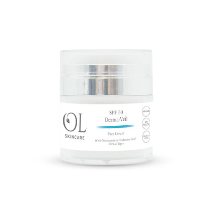 OL Skincare SPF 50 Derma-Veil Face Cream in a clear jar with a white label and silver cap, set against a plain white background.