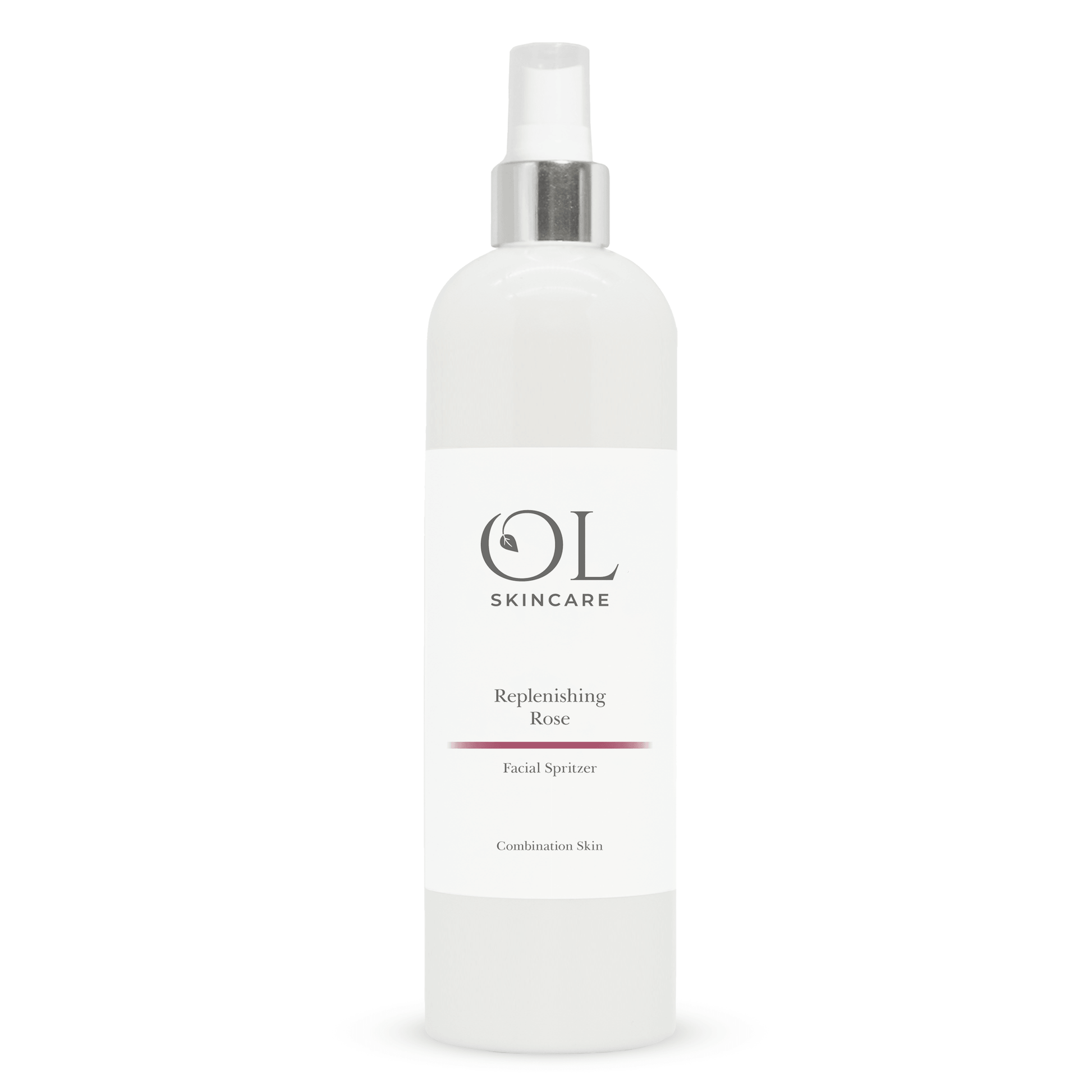 OL Skincare Replenishing Rose Facial Spray in a white bottle with a silver spray nozzle and a white label.