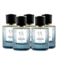 Set of five aftershave bottles with black caps on a white background