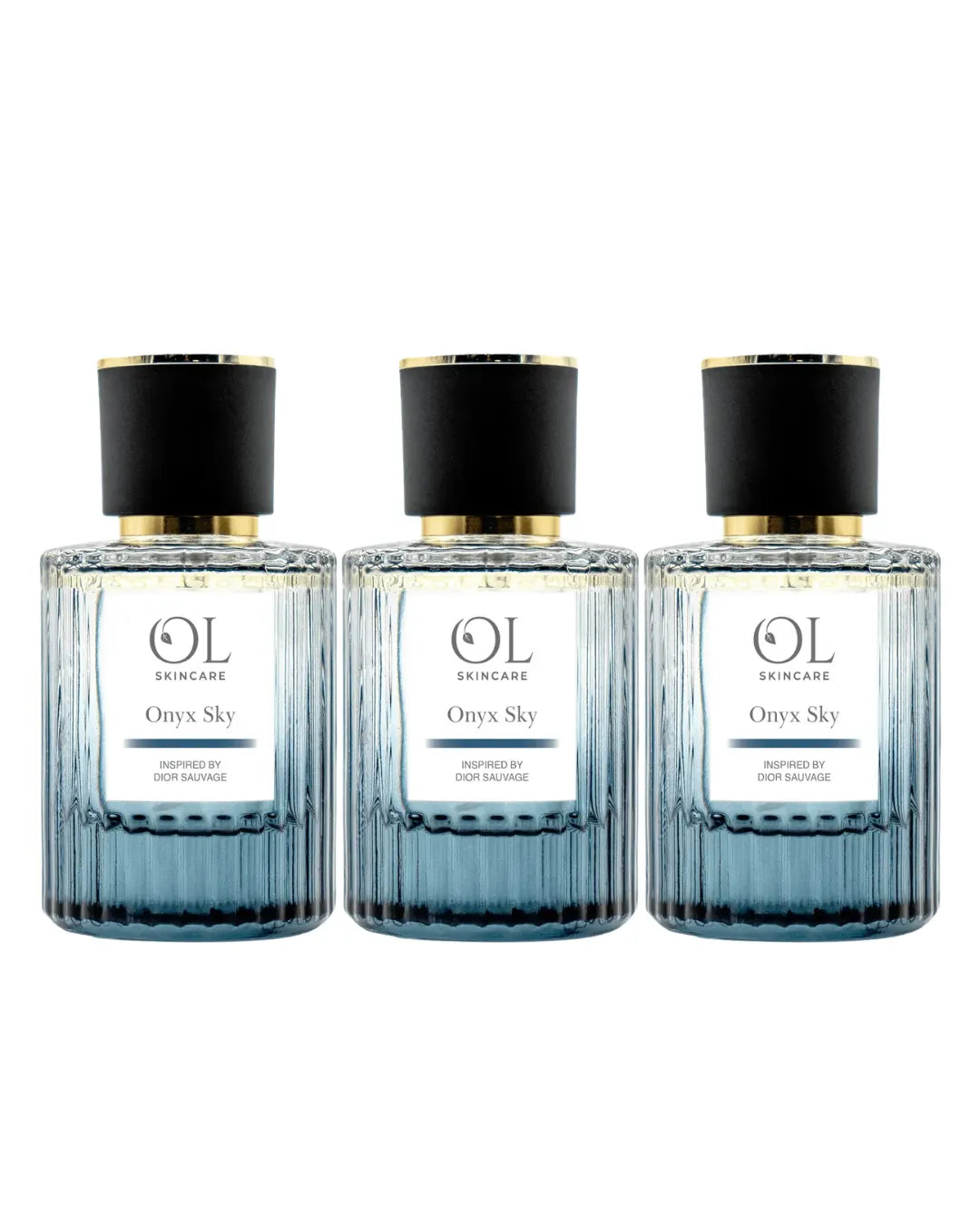 Aftershave Three bottles of OL Skincare product with black caps on a white background