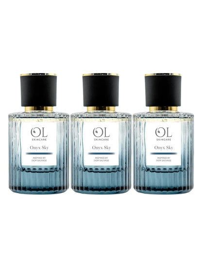 Aftershave Three bottles of OL Skincare product with black caps on a white background