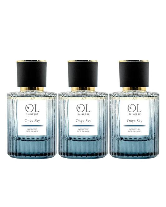 Aftershave Three bottles of OL Skincare product with black caps on a white background