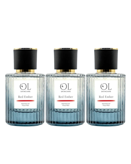 Three bottles of OL Skincare Red Ember aftershave on a white background