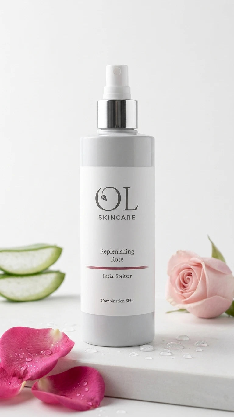 OL Skincare Replenishing Rose Facial Sprayer bottle, styled with pink rose petals, a fresh pink rose, and sliced aloe vera on a white marble slab against a clean white background.