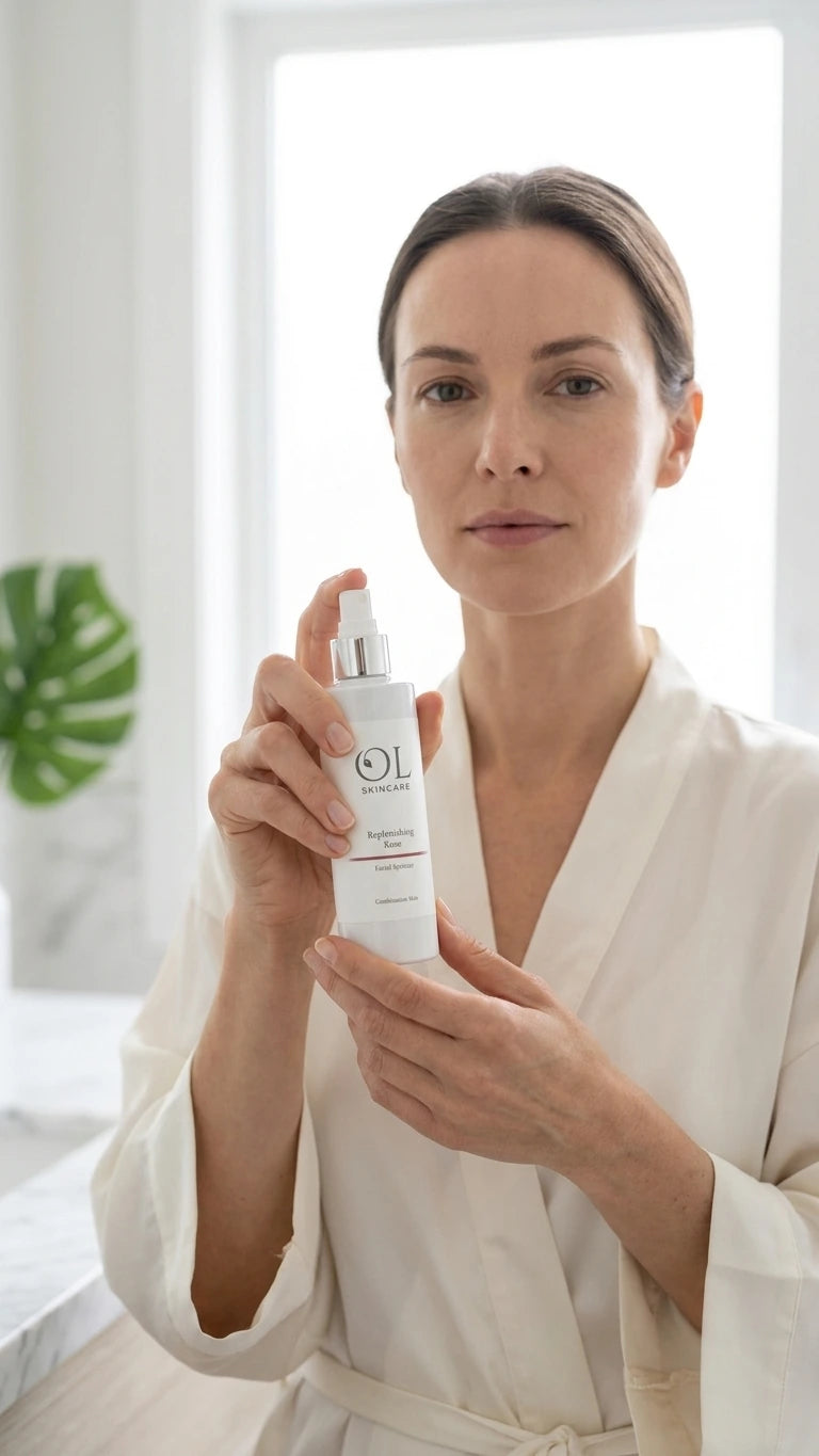 A woman in a white robe holds a white skincare pump bottle with a silver cap in front of a bright window. The bottle has a minimalist black logo and text that appears to read 'OL'.