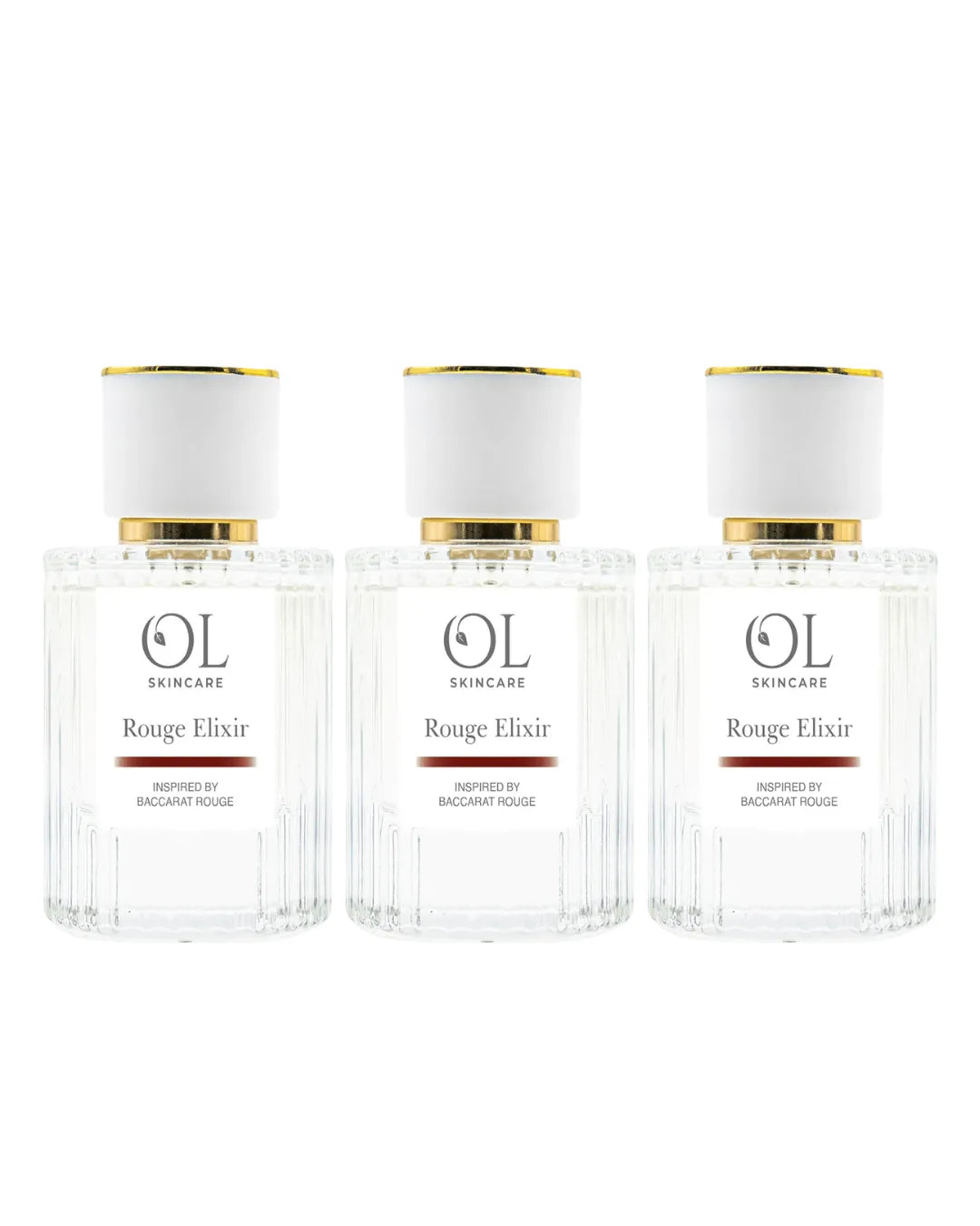 Three bottles of OL Skincare Rouge Elixir perfume on a white background