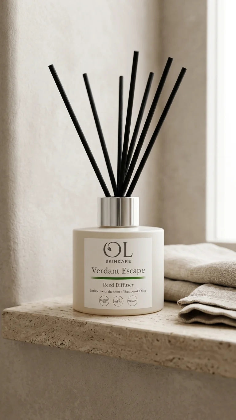 A reed diffuser bottle with black reed sticks sits on a stone ledge beside folded towels. The bottle is cream-colored with a silver cap and a label reading 'OL Skincare Verdam Escape Reed Diffuser'.