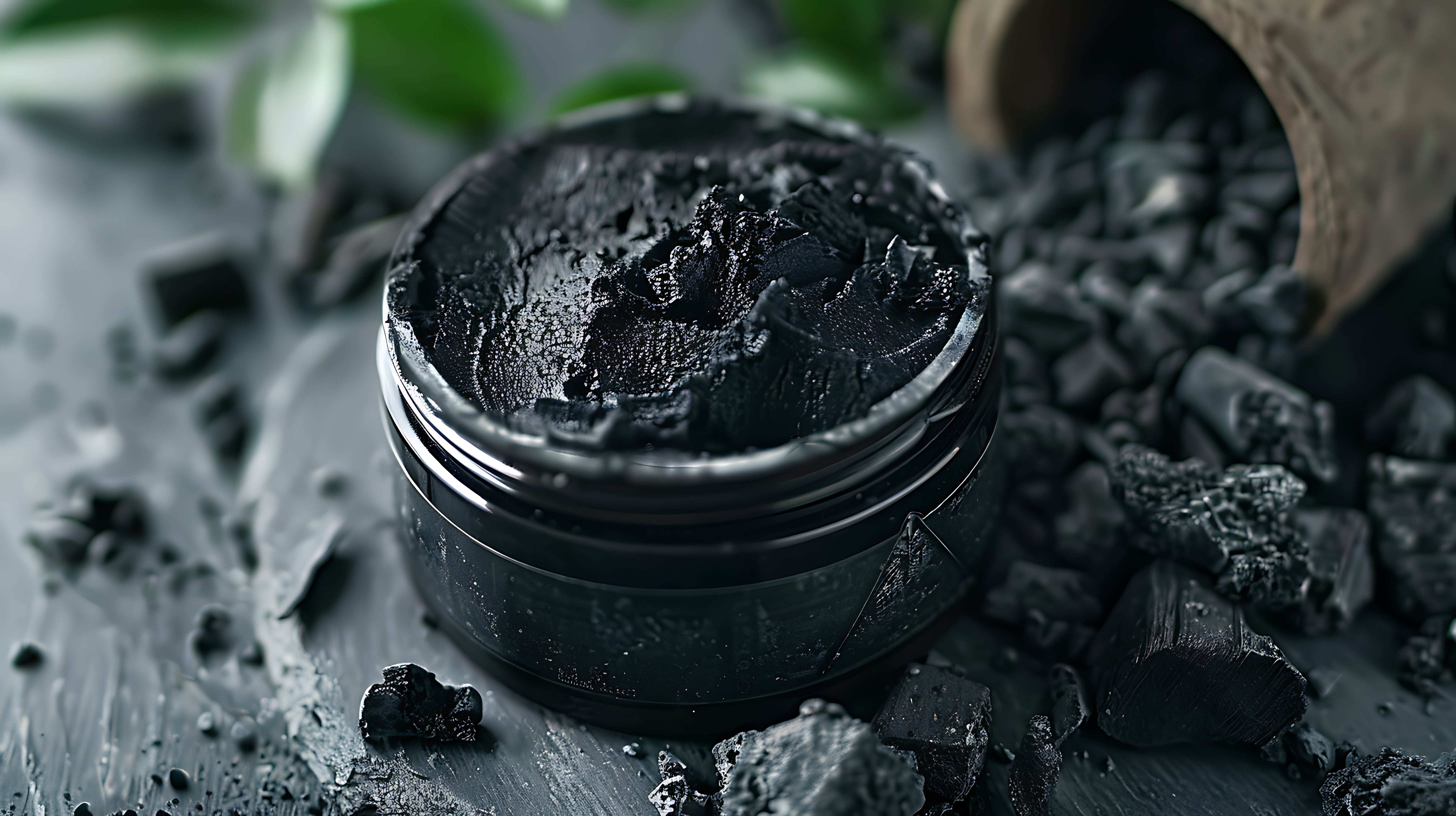 Black charcoal paste in a jar surrounded by charcoal pieces on a dark surface
