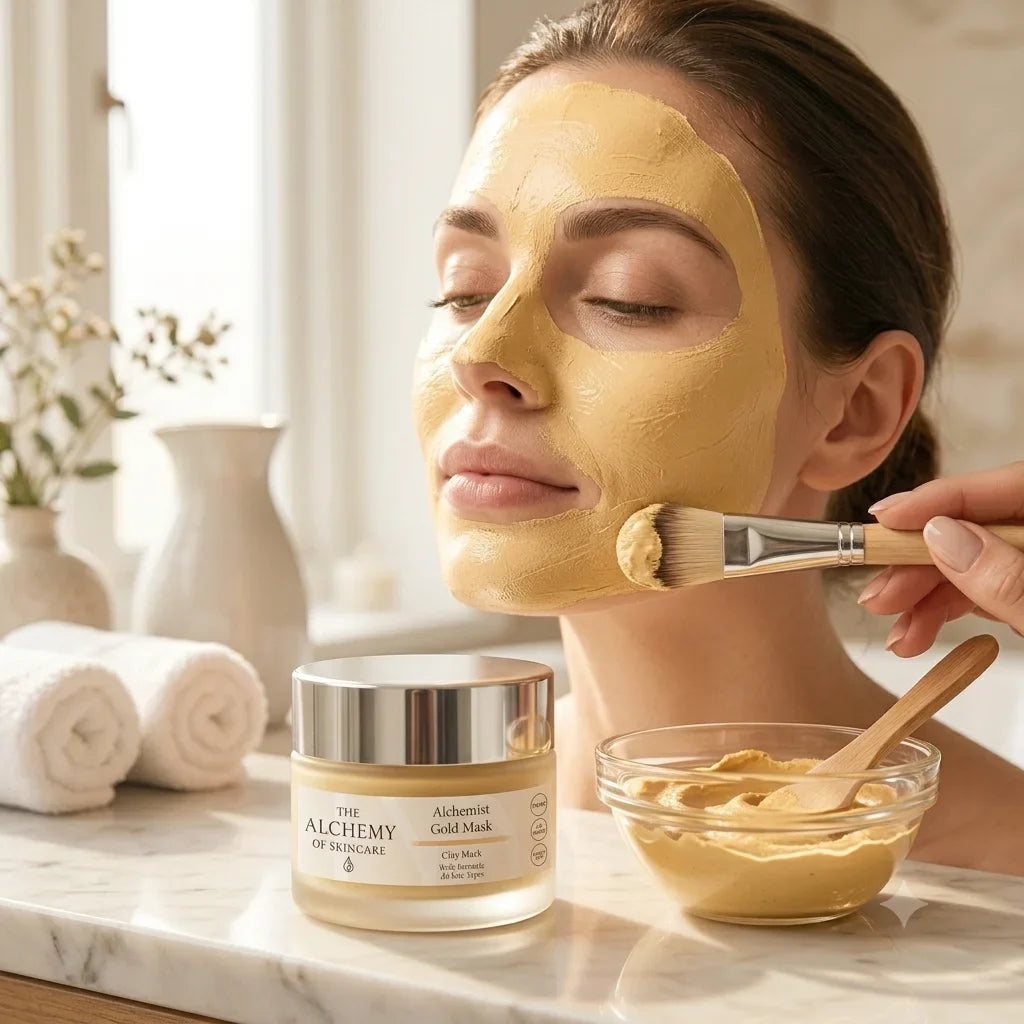 Woman applying turmeric clay mask with brush