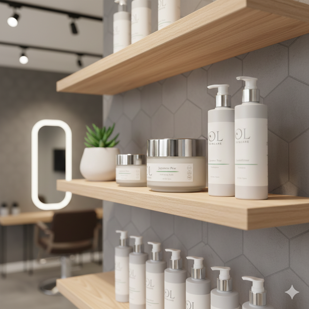 beautiful shelf of own branded skincare