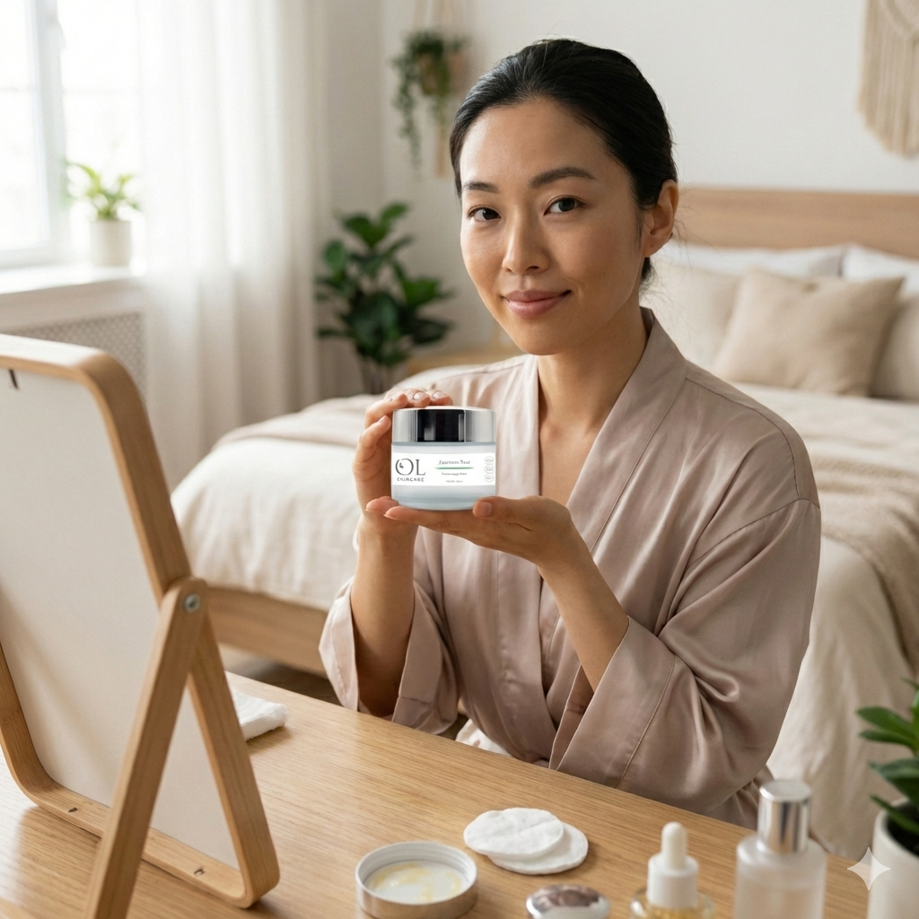 woman holding up a wn branded cleansing balm at her dressing table