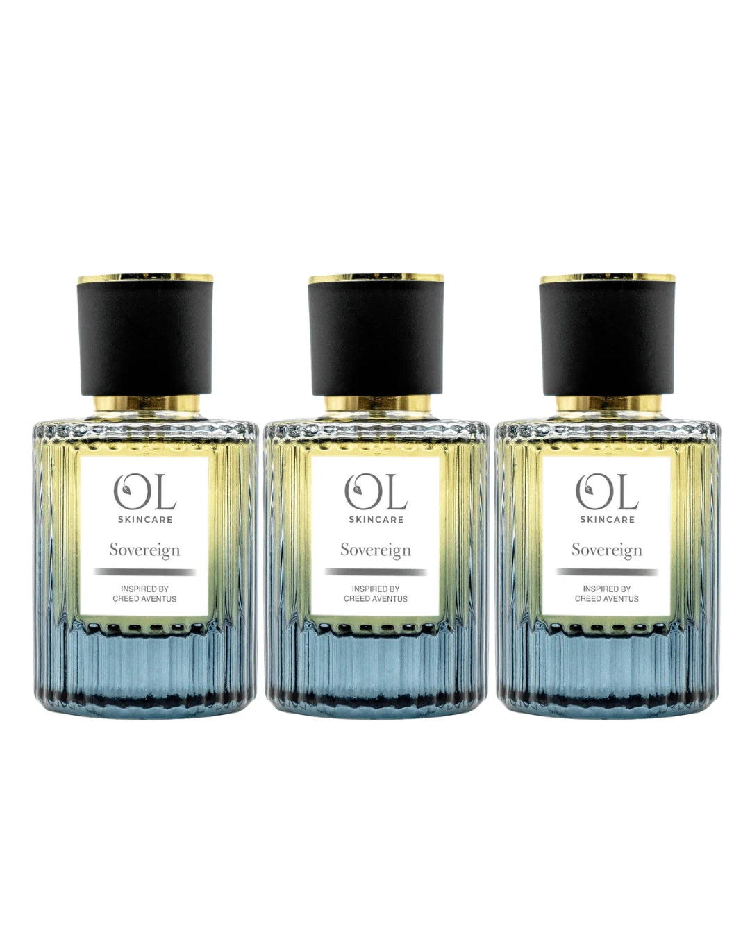 Three bottles of OL Skincare Sovereign aftershave on a white background