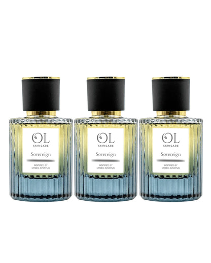 Three bottles of OL Skincare Sovereign aftershave on a white background