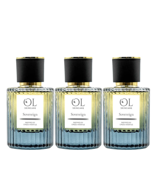 Three bottles of OL Skincare Sovereign aftershave on a white background