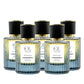 Set of give skincare bottles with gradient design and black caps on a white background