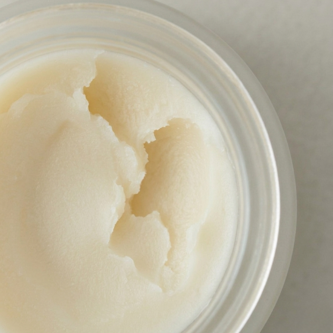 Close-up of a container with a creamy substance and a brown spot on a neutral background