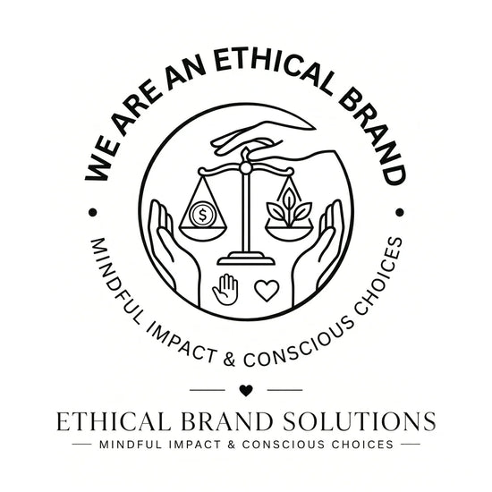 Logo for an ethical brand with hands holding a scale, leaves, and other symbols on a white background.