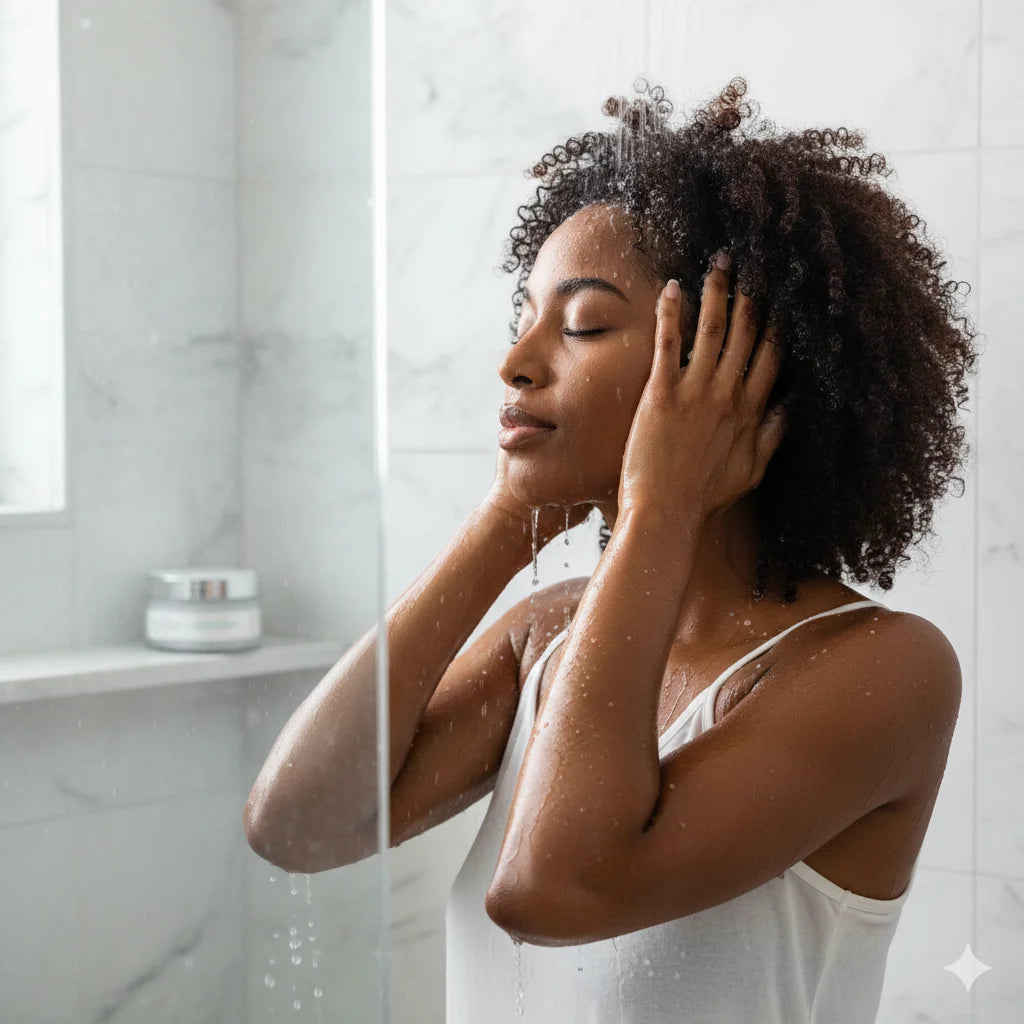 woman using Japanese pear hair scrub 