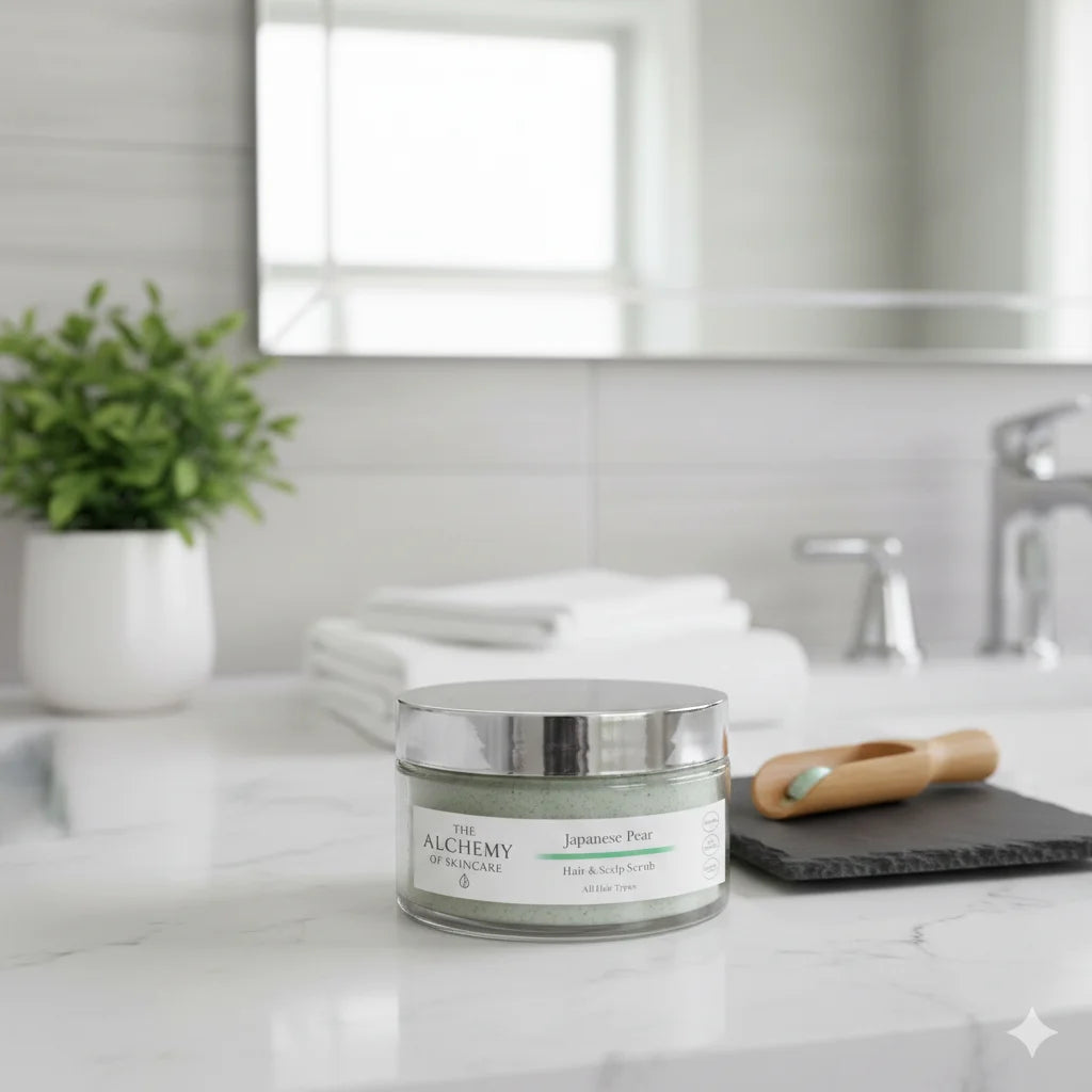 Japanese pear hair scrub on bathroom side 