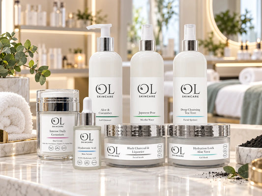 A set of OL Skincare products arranged on a marble countertop in a bright, modern bathroom setting. The products include a jar of intense daily ceramides, a pump bottle of aloe and cucumber body lotion, a dropper bottle of hyaluronic acid serum, and three jars of exfoliating masks (black charcoal & liposomes, hydration lock & aloe vera) with silver lids.