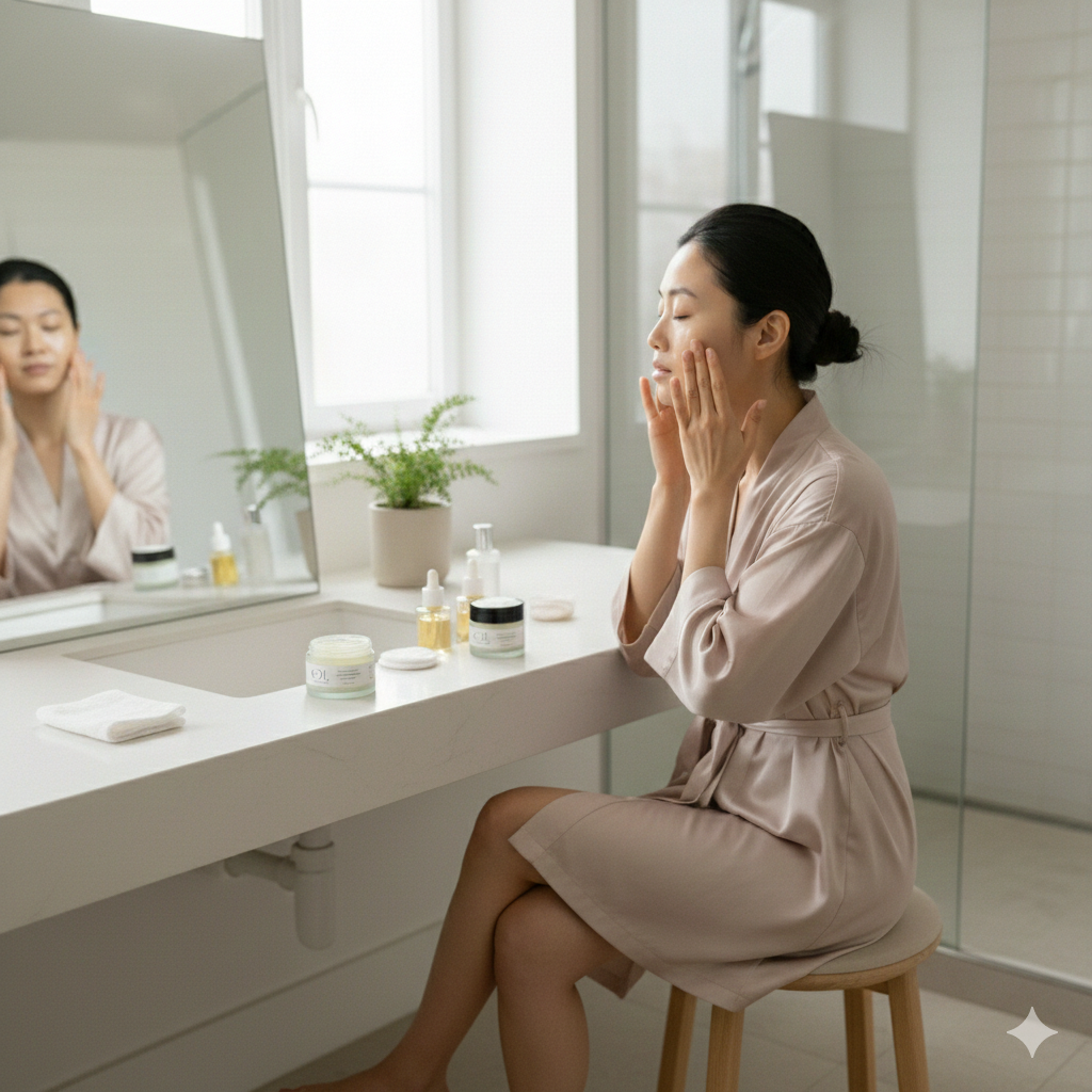 woman using cleansing balm at her bathroom cabinet