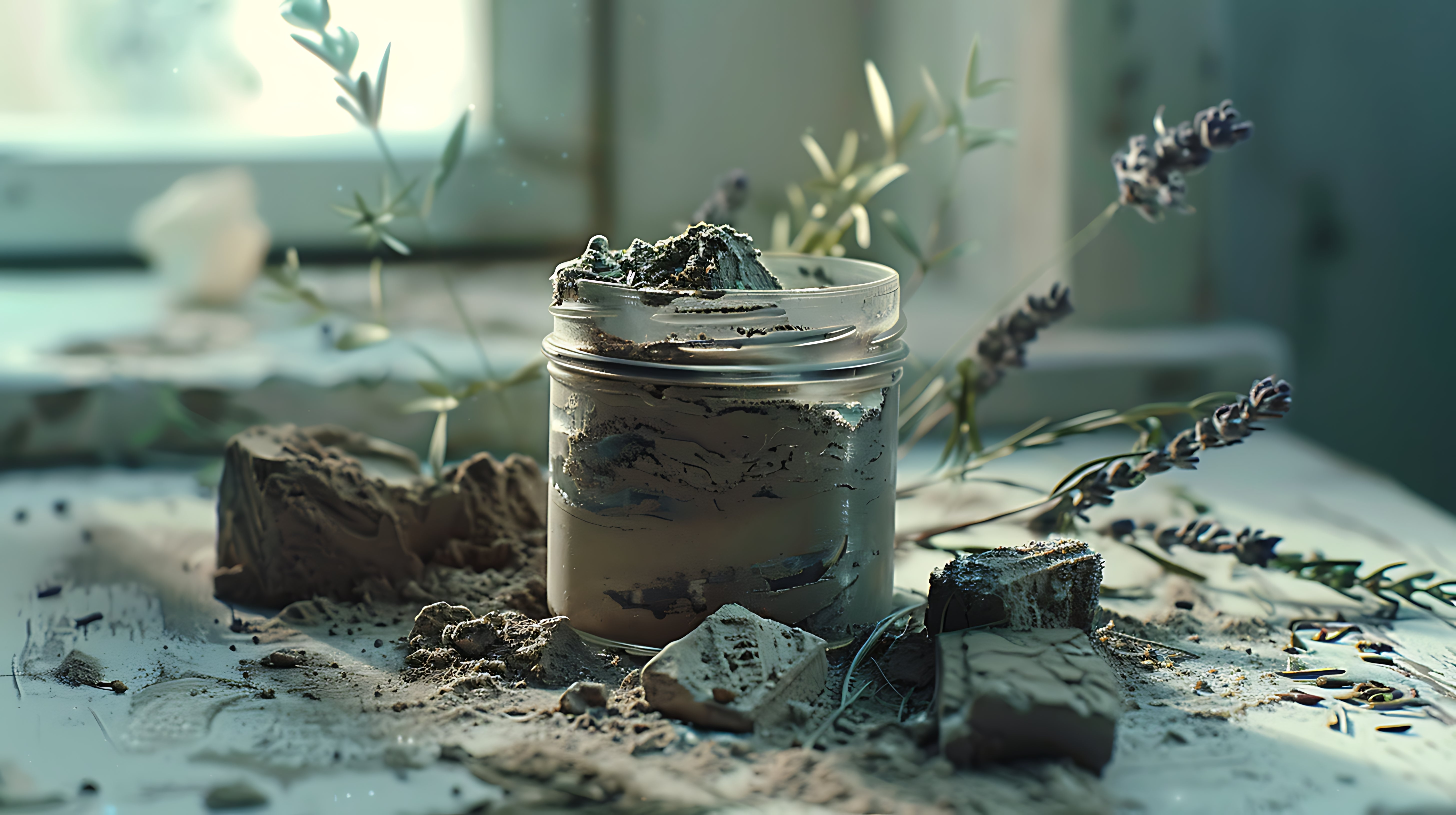 Jar of clay product with natural elements on a light surface