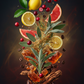 A vertical floating arrangement of citrus slices, cranberries, green leaves, coffee beans, amber resin, and brown bark on a dark black background.