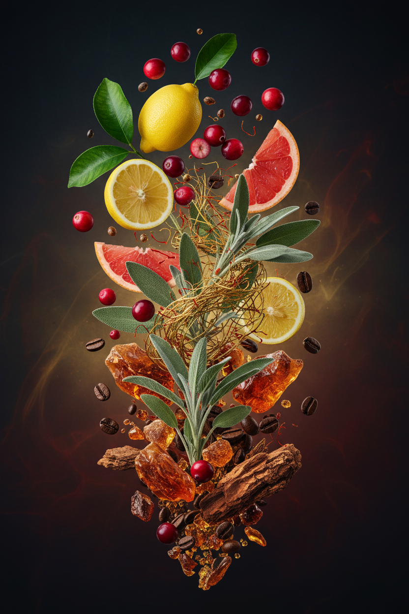 A vertical floating arrangement of citrus slices, cranberries, green leaves, coffee beans, amber resin, and brown bark on a dark black background.