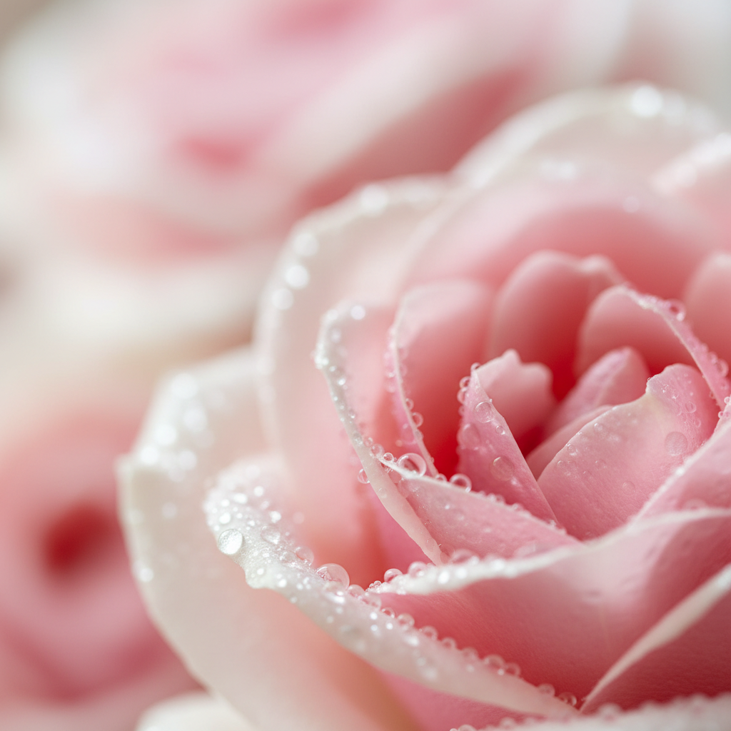 A close-up photograph of a soft pink rose with delicate water droplets on its petals, set against a blurred background of similar pink tones.