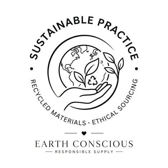 Logo for Earth Conscious with a hand holding the world, leaves, and recycling symbol, surrounded by 'Sustainable Practice' text.