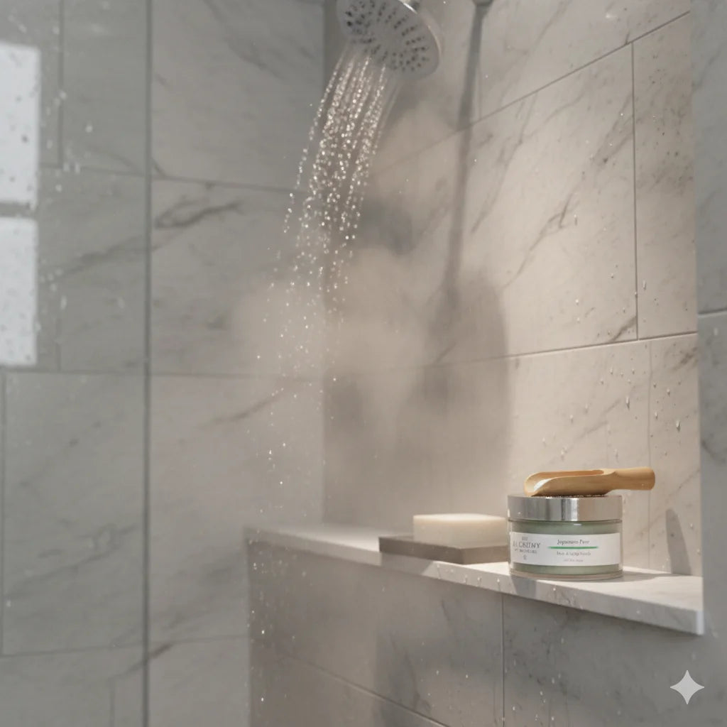 Shower head in a shower with a jar of Japanese pear hair scrub  on a ledge.