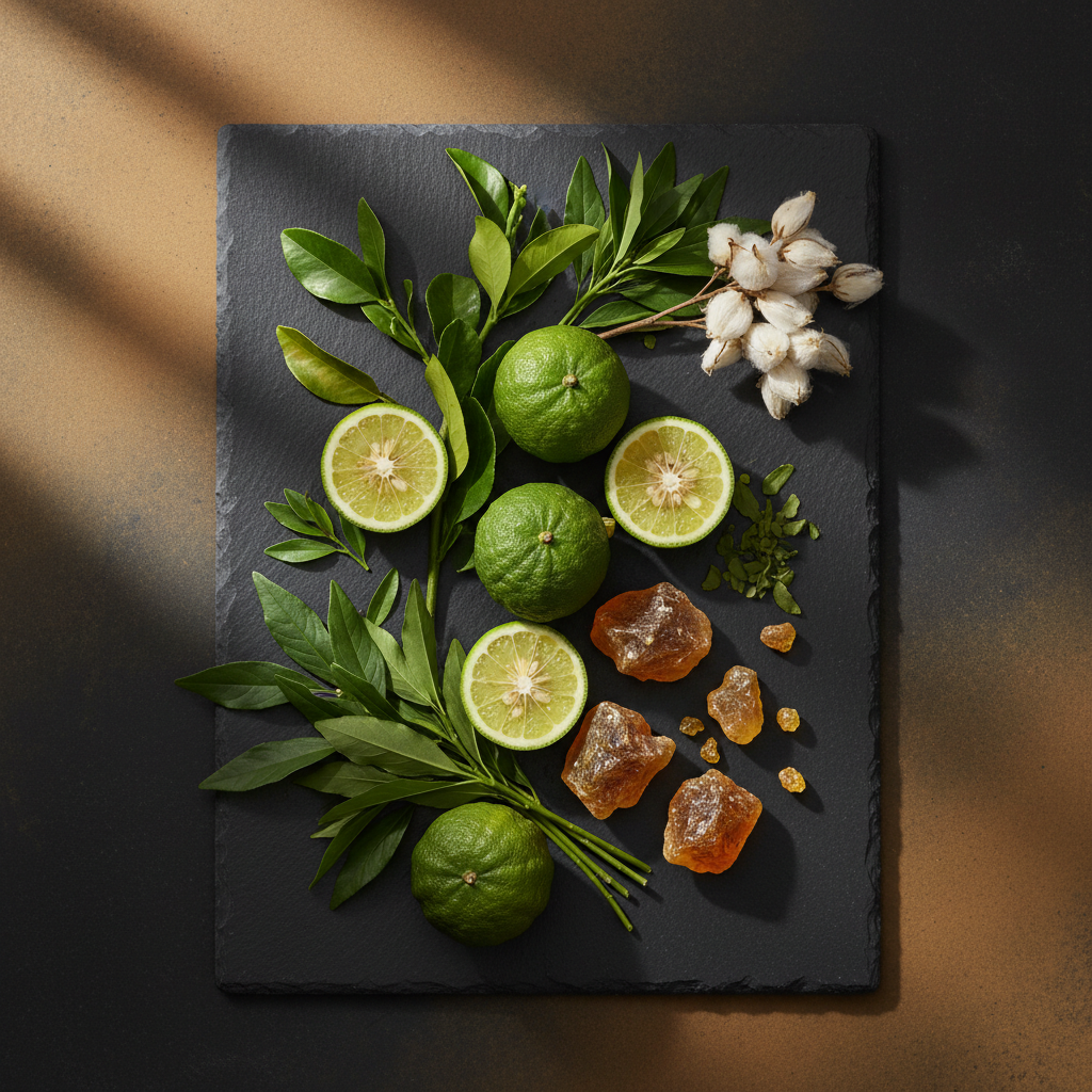 A styled flat-lay of green kumquats, sliced kumquat halves, amber-colored crystals, and fresh green leaves arranged on a dark slate serving board against a warm brown background with soft diagonal shadows.