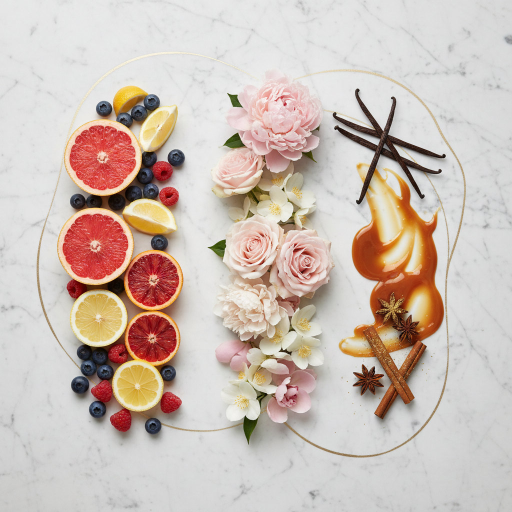 A styled flat-lay of a perfume or fragrance oil labeled 'Scent of Summer' on a white marble background. The oil is presented in an organic oval glass container, surrounded by decorative ingredients that evoke a warm summer scent profile: pink and white flowers in the center, sliced grapefruit, lemons, blueberries, vanilla beans, caramel sauce, cinnamon sticks, and star anise.