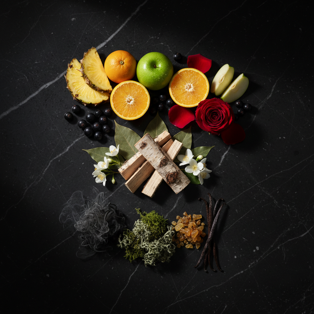 A styled flat-lay of natural ingredients on a black marble surface, including sliced oranges, a green apple, pineapple, red rose petals and a red rose, grapes, white flowers, birch wood pieces, dried moss, resin, vanilla beans, and smoke.