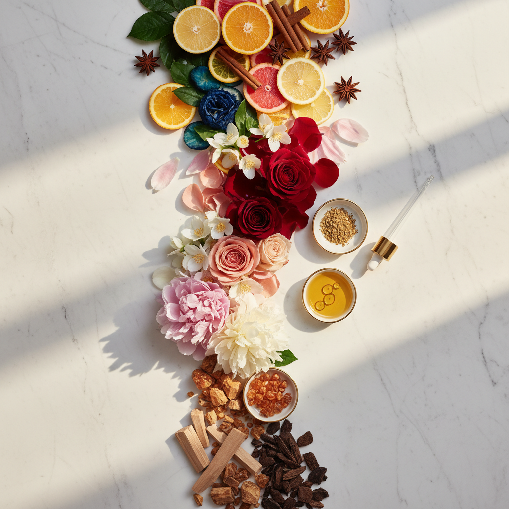 A styled flat-lay of a colorful essential oil blend arranged vertically on a white marble surface with soft diagonal shadows. The blend includes orange and pink citrus slices, red and pink roses, white and blue blossoms, cinnamon sticks, star anise, dried roots, and small bowls containing golden liquid and seeds.