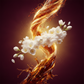 A stylized digital artwork showing a swirling golden liquid or flame-like form crossing with clusters of white flowers against a dark burgundy background.