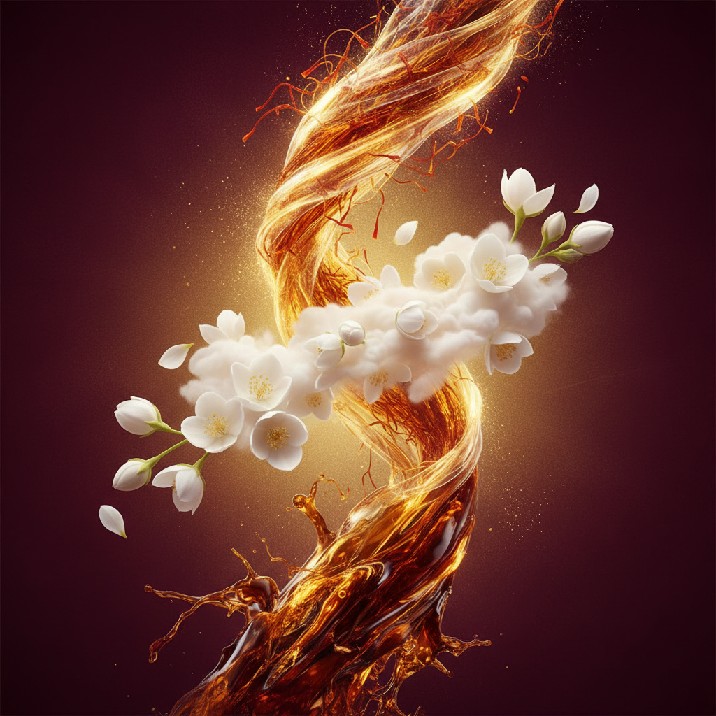 A stylized digital artwork showing a swirling golden liquid or flame-like form crossing with clusters of white flowers against a dark burgundy background.