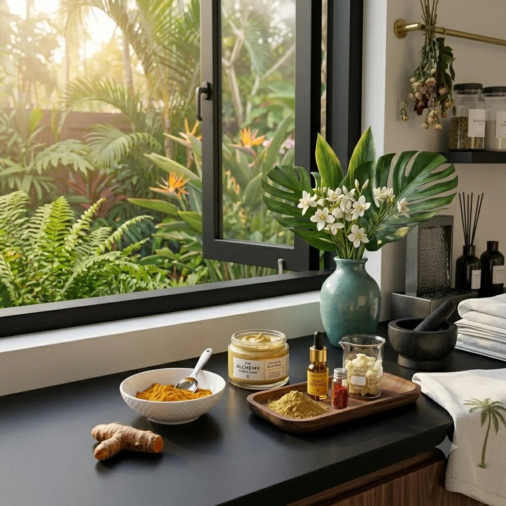 Turmeric clay mask with skincare products by window