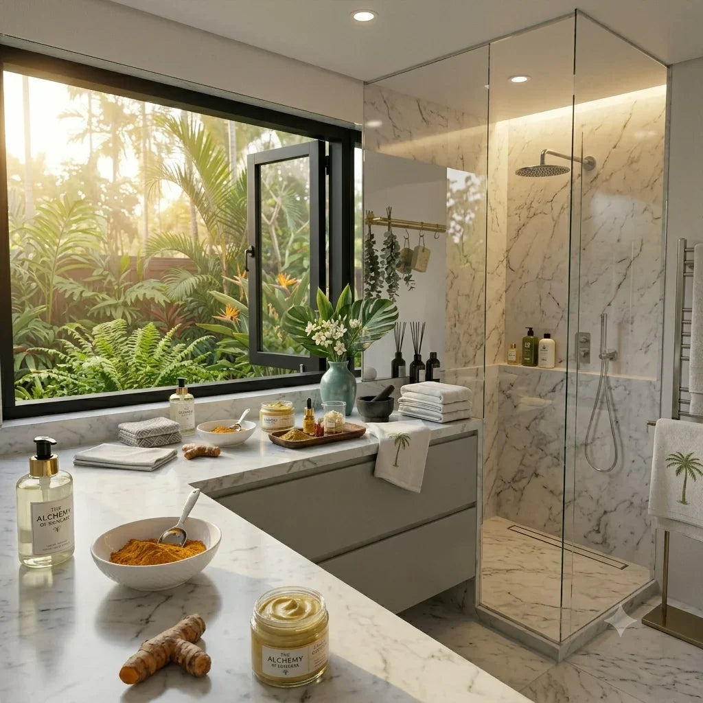 Turmeric clay mask in modern bathroom setting