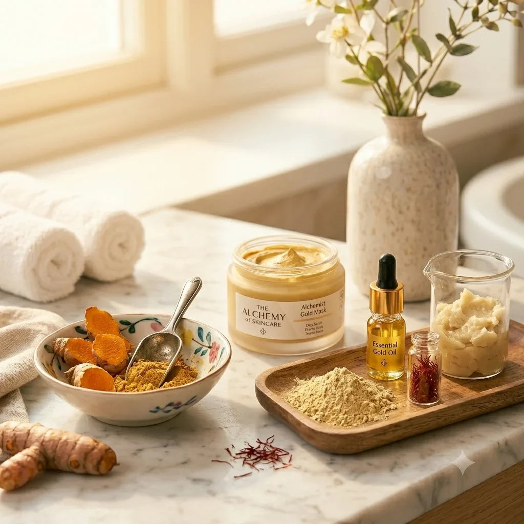 Turmeric clay mask with gold skincare products on marble surface
